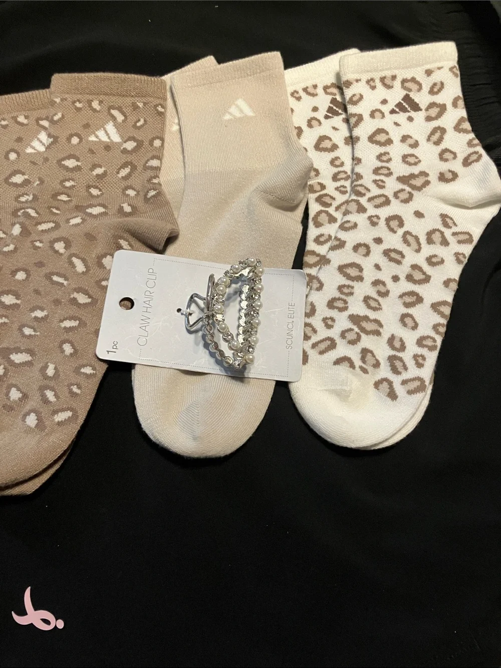 ADIDAS- Beige & Cream Leopard Print Socks with Pearl Claw Hair Clip- NWT